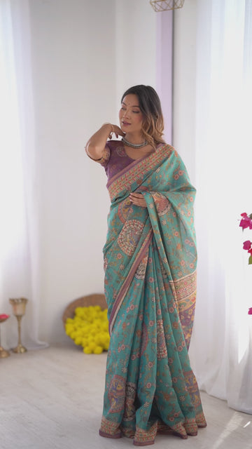 Sea Green & Purple Linen Cotton Saree with Hand-Painted Krishna Raas Leela Pallu