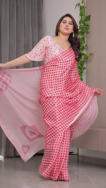 Soft Blush Pink Satin Georgette Heart Printed Saree with Gradient Love Motif Pallu & Matching Blouse