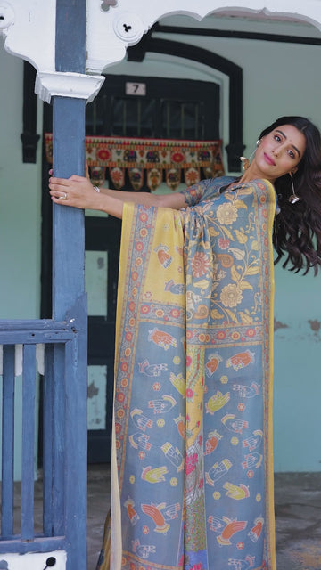 Mustard Blue Handloom Cotton Saree with Mudra Motifs & Goddess Saraswati Pallu