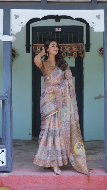 Coffee Brown Handloom Cotton Saree with Classical Art & Sacred Cow Pallu