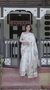 Ivory Pure Cotton Linen Saree | Pastel Floral Design with Blouse & Tassel Detailing