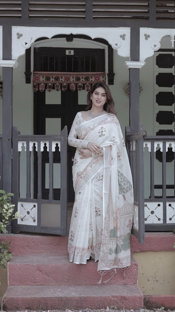 Ivory Pure Cotton Linen Saree | Pastel Floral Design with Blouse & Tassel Detailing