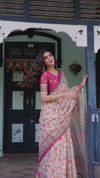 Ivory Pink Handloom Cotton Saree with Floral Print & Traditional Peacock Arch Pallu