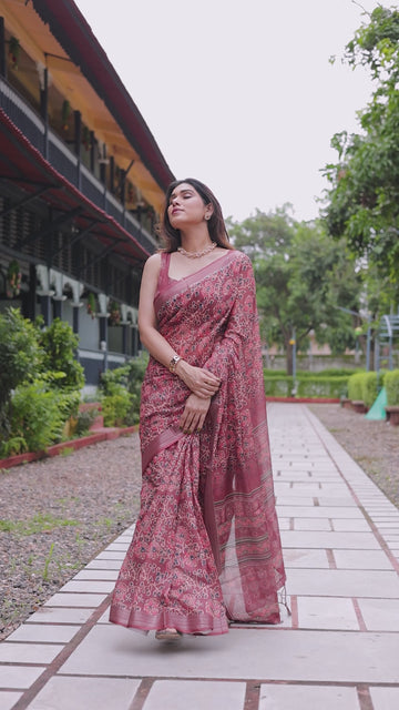 Rust Red Pure Cotton Linen Saree | Floral Block Print with Blouse & Tassel Detailing