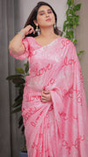 Blush Pink Satin Georgette Saree with All-Over Love Typography Print and Attached Matching Printed Blouse – 5.5 Meter Romantic Designer Saree for Valentine’s Day & Anniversary Wear