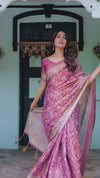 Plum Rose Handloom Cotton Saree with Floral Buttas & Traditional Peacock Medallion Pallu