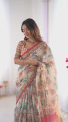 Beige & Red Handloom Linen Cotton Saree with Camel Caravan & Palace Artwork