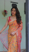 Peach & Orange Pure Cotton Linen Saree | Floral Bird Print with Blouse & Tassel Detailing