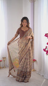 Beige & Brown Handloom Cotton Saree | Kalamkari Pallu, Elephant Motifs & Tassels – Buy Online