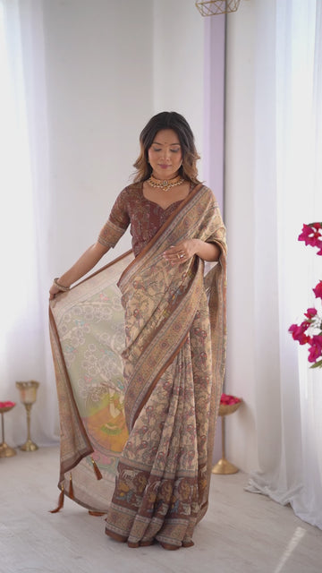 Beige & Brown Handloom Cotton Saree | Kalamkari Pallu, Elephant Motifs & Tassels – Buy Online