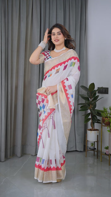 Multicolor Floral Linen Saree for Women | Traditional Indian Festive Wear – Navratri Special Drape