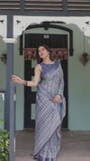 Blue Pure Cotton Linen Saree | Floral Pattern with Blouse & Tassel Edges