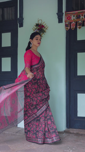 Pure Cotton Linen Saree in Black and Pink with Floral Print and Tassels