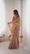 Beige Handloom Cotton Saree | Village Celebration Print & Rust Blouse – Buy Online