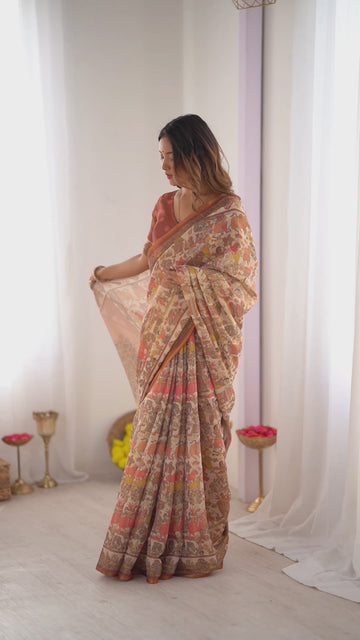 Beige Handloom Cotton Saree | Village Celebration Print & Rust Blouse – Buy Online