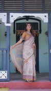 Beige & Maroon Handloom Cotton Saree with Floral Vine Print & Mythical Madhubani Cow Pallu