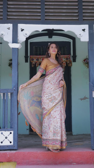 Beige & Maroon Handloom Cotton Saree with Floral Vine Print & Mythical Madhubani Cow Pallu
