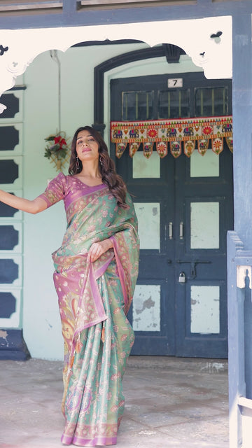 Aqua Green & Lilac Handloom Cotton Saree with Floral Vine Print & Majestic Bird Pallu