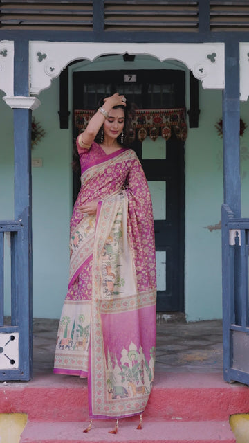 Magenta Pink Handloom Cotton Saree with Floral Vines & Royal Elephant Procession Pallu