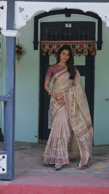 Beige Mauve Handloom Cotton Saree with Subtle Ramayan Print and Heritage Motif Pallu