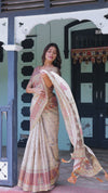 Ivory Brown Handloom Cotton Saree with Classical Dancer Motifs & Madhubani-Inspired Pallu