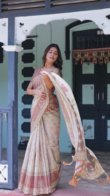 Ivory Brown Handloom Cotton Saree with Classical Dancer Motifs & Madhubani-Inspired Pallu