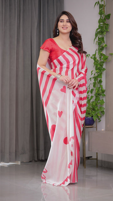 Coral Pink & Ivory Striped Satin Georgette Saree with Heart Motif Romantic Pallu and Attached Coral Blouse – 5.5 Meter Designer Saree for Valentine’s Day & Anniversary Wear