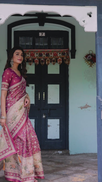 Rose Pink Handloom Cotton Saree with Ivory Elephant Procession Pallu & Floral Print