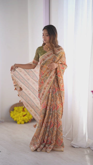 Multicolor Zari Woven Handloom Cotton Saree | Animal & Floral Motifs with Tassels – Buy Online