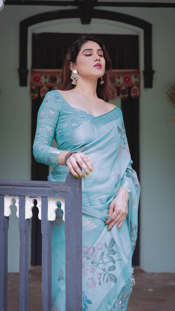 Aqua Blue Pure Cotton Linen Saree | Floral Design with Blouse & Tassel Detailing