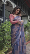 Navy Blue & Red Pure Cotton Linen Saree | Bold Contrast Design with Blouse & Tassel Edges