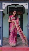 Rani Pink Handloom Cotton Saree with Yellow Floral Print & Royal Horse Pallu