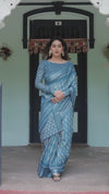 Turquoise Pure Cotton Linen Saree | White Floral Design with Blouse & Tassel Edges