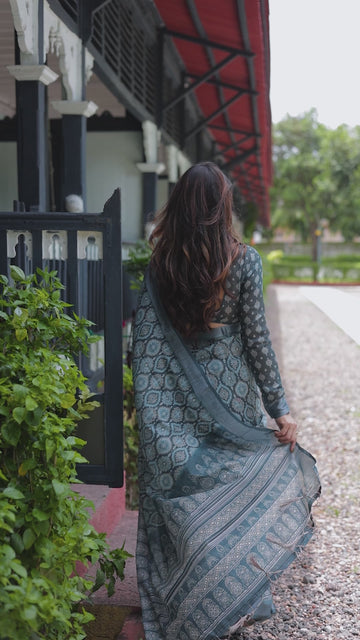 Teal Blue Pure Cotton Linen Saree | Geometric Block Print with Blouse & Tassel Detailing