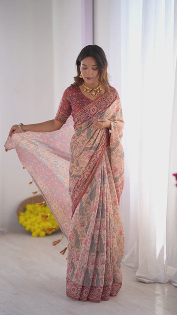 Blush Cream Handloom Linen Cotton Saree with Artistic Bird Motif Pallu