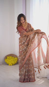 Rust Beige Pure Linen Cotton Saree with Paisley Motifs and Mandala Artwork
