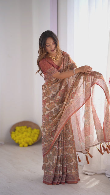 Rust Beige Pure Linen Cotton Saree with Paisley Motifs and Mandala Artwork