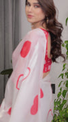 Ivory White Satin Georgette Saree with Bold Red Heart Print and Attached Red Heart Pattern Blouse – 5.5 Meter Romantic Designer Saree for Valentine’s Day & Anniversary Wear