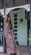 Royal Blue & Rust Handloom Cotton Saree with Bold Floral Print & Grand Peacock Pallu