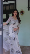 White & Grey Pure Cotton Linen Saree | Floral Print with Blouse & Tassel Detailing