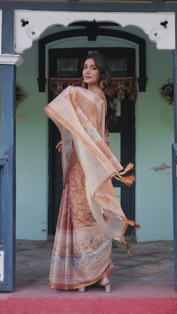 Burnt Peach Handloom Cotton Saree with Floral Buta Design & Village Scene Pallu