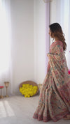 Cream & Pink Handloom Cotton Saree | Pastel Floral Print & Ornamental Tree Pallu – Buy Online