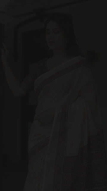 Off-White Pure Cotton Linen Saree | Intricate Geometric Pattern with Blouse & Tassel Edges