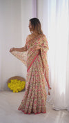 Cream Pink Handloom Linen Cotton Printed Saree with Folk Art Bird Motif Pallu