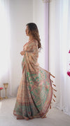 Beige & Green Handloom Cotton Saree | Village Life Print & Peacock Pallu – Buy Online
