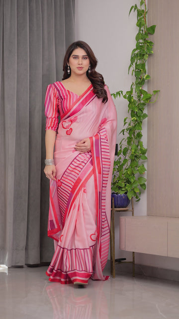 Rose Pink Satin Georgette Romantic Printed Saree with Proposal Silhouette, Heart Tree Pallu & Striped Border Blouse