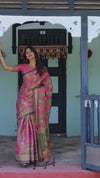 Coral Pink Handloom Cotton Saree with Traditional Folk Procession Print & Classical Dance Pallu