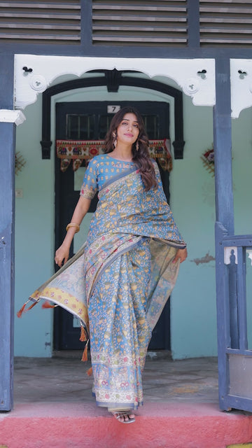 Divine Blue Handloom Cotton Saree with Shankh & Krishna Pallu Motifs – Temple Border & Tassels