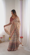 Beige & Maroon Handloom Cotton Saree | Floral Print & Peacock Bird Art Pallu – Buy Online