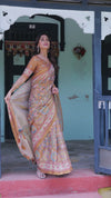 Terracotta Peach Handloom Cotton Saree with Multicolor Floral Vines & Kalamkari-Inspired Pallu